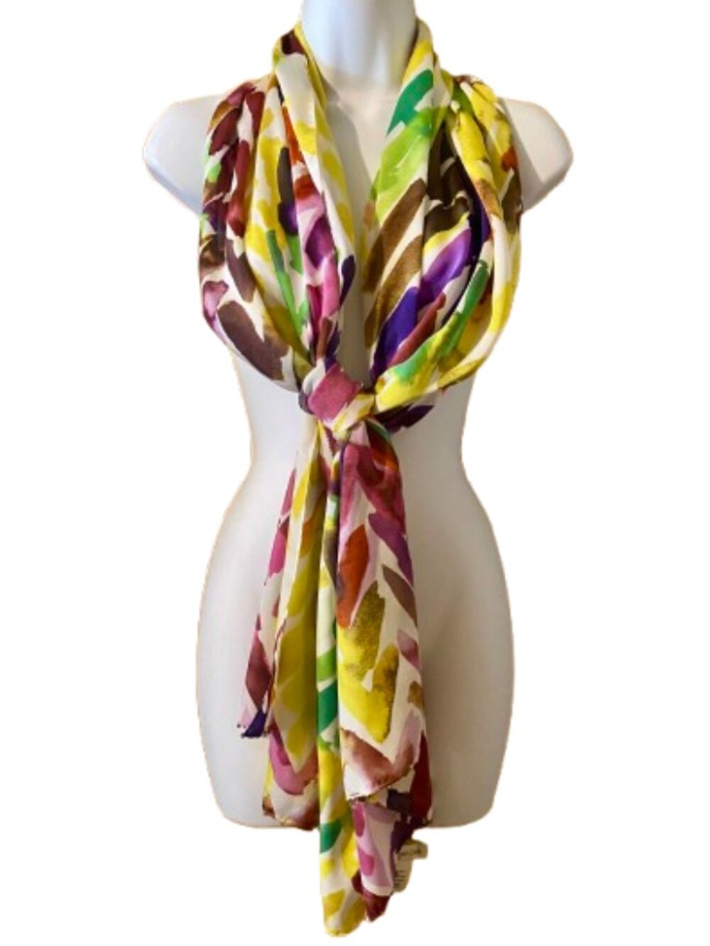Oversized Coldwater Creek Scarf Wrap Colorful Abstract Pattern Beaded Hems